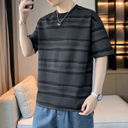 七武海2025短袖t恤男夏季潮流條紋寬松圓領(lǐng)半袖打底衫男裝上衣服體恤 KPR2544黑色 L