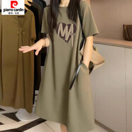 皮爾卡丹（pierre cardin）中長(cháng)款A字裙短袖2025春夏季顯瘦長(cháng)裙女休閑寬松百搭T恤連衣裙女 軍綠色(鞋帶愛(ài)心) M 80-100斤