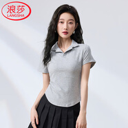浪莎短袖t恤女夏款純欲風(fēng)簡(jiǎn)約純色百搭polo衫修身顯瘦弧形下擺上衣