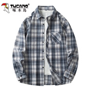 啄木鳥(niǎo)港風(fēng)格子襯衫春夏季男士長(cháng)袖韓版寬松外套休閑學(xué)生情侶裝潮流襯衣 黑色 XL