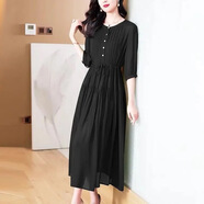 衣宮閣（YIGONGGE）夏裝2025新款女收腰顯瘦遮肚子薄款中長(cháng)裙高端亞麻苧麻棉麻連衣裙 黑色 L 碼建議115-130斤以?xún)?
                                         title=