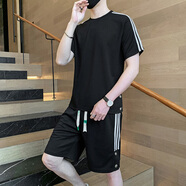 AFILMBY夏天T恤套裝男潮流男士休閑運(yùn)動套裝短袖t恤套裝男夏季衣服男夏裝 黑色 6XL (205-220斤)