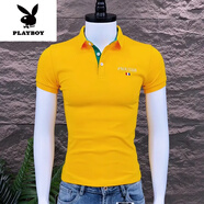 花花公子（PLAYBOY）夏季男士短袖T恤Polo.衫新款時(shí)尚韓版修身感刺繡字母半袖體恤新品 黃色 XL 建議105-115斤