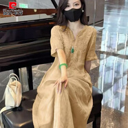 皮爾卡丹（pierre cardin）日外單%7E新中式國(guó)風(fēng)重工刺繡苧麻連衣裙夏高端氣質(zhì)V領(lǐng)麻長(zhǎng)裙子 黃色（少量現(xiàn)貨） L 【建議115-130斤】