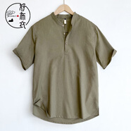 好布衣（HAOBUYI）高端亞麻男裝短袖中式立領(lǐng)上衣夏季款棉麻T恤男士Polo衫 灰綠色 2XL 建議150-165斤左右