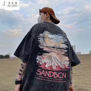 吳權(quán)灣美式水洗短袖t恤男夏季新款潮流牌圓領(lǐng)痞帥重磅復(fù)古大碼半袖衣服 水洗黑 5XL