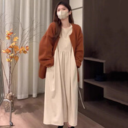 XCFREHT大碼胖mm秋冬法式寬松燈芯絨長(zhǎng)款連衣裙毛衣外套女兩件套裝200斤1 橘色外套+杏色連衣裙 L 建議【100-120斤】