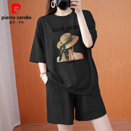 皮爾卡丹（pierre cardin）休閑運動(dòng)套裝女時(shí)尚寬松減齡女士短袖短褲兩件套大碼夏季新款顯瘦 黑色-背影女孩（套裝） 2XL (建議145-160斤)