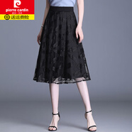 皮爾卡丹（pierre cardin）網(wǎng)紗半身裙新款十四女夏季薄款百褶裙高腰大擺雪紡中長(cháng)款裙子時(shí)尚 黑色葉子花黑(中長(cháng)) 4XL 建議親138-145斤