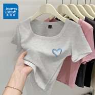 真維斯（JEANSWEST）簡(jiǎn)約風(fēng)t恤女夏季韓版緊身顯瘦方領(lǐng)短款短袖女裝休閑百搭半袖小衫 淺花灰 油畫(huà)心_K L