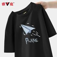 雅鹿短袖t恤男純棉夏季新款休閑運(yùn)動(dòng)青少年學(xué)生寬松大碼寬肩男士T恤衫 黑藍(lán)飛機(jī) 3XL （重175-190斤高175-180）