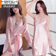 莫代爾品牌冰絲睡衣女夏性感吊帶短袖兩件套睡裙春秋薄款睡袍家居服套裝 SYG-2052蕾絲兩件套粉色 L