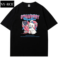 NY-RCE明星徐璐同款卡通短袖t恤女裝2025新款美式復古夏體恤上衣服潮牌 黑色（打破蜜桃罐的兔子） 2XL 160~180斤