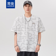簡(jiǎn)徒（JANTOUR）夏季新款短袖T恤男滿(mǎn)印花寬松潮流t恤衫圓領(lǐng)百搭五分袖情侶日系 米白色 L