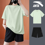 安踏休閑運動(dòng)套裝大碼女裝夏季純棉短袖T恤短褲寬松運動(dòng)服兩件套 【套裝】-5悠草綠 L/175