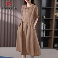 皮爾卡丹（PIERRE CARDIN）新中式棉麻連衣裙女2025新款中年媽媽純色短袖顯瘦文藝氣質襯衫裙 卡其色 L 建議110-120斤