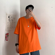 GTYUWVG純色短袖T恤男夏季寬松五分袖ins潮流韓版打底衫大碼體恤半袖衣服 橙紅色【版五分袖】 S 【80-95斤】