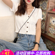 歐貝汐短袖t恤女春夏季女裝韓版女士上衣針織v領(lǐng)縷空T恤女短款上衣 米白色 均碼