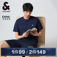 杰克·瓊斯（JACK&JONES）25年男裝T恤男夏季T恤舒適男士短袖涼感多色上衣純色水洗不易走形 海軍藍E38 2XL 190