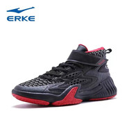 鴻星爾克（ERKE）運(yùn)動(dòng)籃球鞋學(xué)生戶外休閑耐磨減震訓(xùn)練高幫革面實(shí)戰(zhàn)百搭舒適籃球鞋 正黑/大紅 39