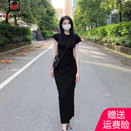 AEMAPE連衣裙女夏季2025新款女魚尾包臀裙子高級感修身顯瘦小媽法式長裙 黑色 XL