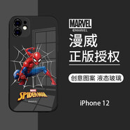 迪士尼（Disney）漫威iPhone17手機(jī)殼適用于蘋果16promax保護(hù)套創(chuàng)意直邊玻璃防摔硬殼潮牌男款卡通Q版 【玻璃質(zhì)感黑】漫威蜘蛛俠-17253 iPhone12pro