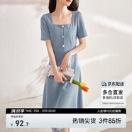尚都比拉短袖連衣裙女夏季復古赫本風氣質通勤裙子中長款A字裙 灰藍色 L