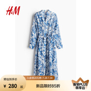 H&M女裝花卉連衣裙夏季優(yōu)雅氣質(zhì)系帶V領(lǐng)長(zhǎng)袖中長(zhǎng)襯衫連身裙1236832 白色/藍(lán)色花卉 160/88 S