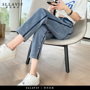 薩拉維夫高爾夫牛仔褲女2025春夏新款高腰寬松顯瘦小個(gè)子九分哈倫老爹褲子 藍(lán)色[加長款單款] 2XL 均碼  (130至150斤)