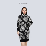 婭奴（A n l o m）Anlom/婭奴連衣裙早秋桑蠶絲套頭中長(zhǎng)款毛衣裙黑白花紋打底裙 祗園之舞 95/L 均碼