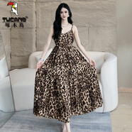 啄木鳥(niǎo)黑碎花吊帶長(cháng)裙海邊度假沙灘裙連衣裙夏季感大擺裙 修身黃豹紋長(cháng)款 裙長(cháng)115CM修/身 S 建議80-110斤