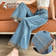 啄木鳥花邊刺繡喇叭牛仔褲女2025夏季小個子高腰彈力寬松遮肉超火微喇褲 霧藍藍-九分 M 適合體重100-115斤