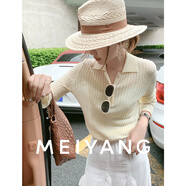 美洋（MEIYANG）布蕾polo衫 醋酸亞麻棉翻領(lǐng)排扣喇叭袖針織衫秋季新款長(cháng)袖上衣女 淡黃色 S