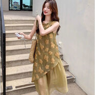 栩歐夏天穿的包臀連衣裙女大碼輕國風(fēng)復古網(wǎng)紗拼接刺繡連衣裙女夏季20 黃色 L 建議120-150斤