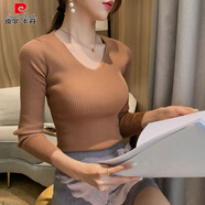 皮爾卡丹（pierre cardin）V領(lǐng)打底衫女感春秋新款修身顯瘦上衣小個子內(nèi)搭針織套頭毛衣 咖啡色V領(lǐng)針織衫 均碼78-128斤 均碼 均碼78-128斤