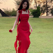 錦詩慧紅色連衣裙裙子女夏季2025新款吊帶連衣裙法式海邊沙灘長裙高級感 紅玫瑰荷葉邊吊帶裙【紅色】 L （建議100-110斤）
