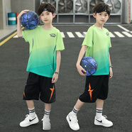 卡兔藍貓（KATULANMAO）童裝男童夏裝套裝中大童韓版兒童套裝夏季運動球服男生短袖兩件套 閃電籃球服綠色 140