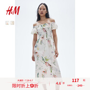 H&M女裝花卉連衣裙夏季花朵泡泡一字肩短袖植物印花長(zhǎng)裙1230970 白色/花卉 S 160/88