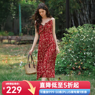 Olrain歐芮兒吊帶碎花連衣裙夏季女裝浪漫優(yōu)雅長裙子度假沙灘裙 紅色印花 L