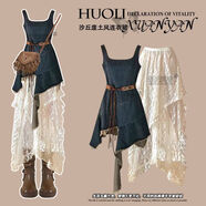 翱?jì)?yōu)波西米亞吊帶連衣裙 春季套裝女2025新款民族風(fēng)寬松上衣搭配套裝 藍色牛仔裙+杏色蕾絲裙 兩件套不 M (建議80-100斤)