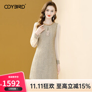 歐迪鳥(niǎo)（ODYBIRD）小香風(fēng)粗花呢連衣裙女2025秋季新款拼接釘珠氣質(zhì)寬松顯瘦裙子 香檳金 S