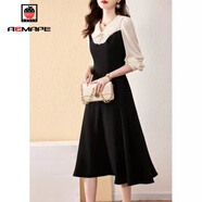 AEMAPE秋季裙子女裝2025春秋季新款時(shí)尚拼接假兩件黑色連衣裙女氣質(zhì) 黑色 2XL _128-138