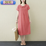 依伊純旗艦店日韓女裝2025夏裝新款韓版大碼格子短袖寬松中長(cháng)款透氣棉麻 紅格 2XL [建議140-170斤]