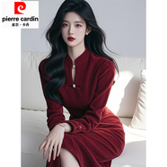 皮爾卡丹新中式酒紅色立領(lǐng)盤(pán)扣燈芯絨連衣裙秋冬款貴氣感千金穿搭國風(fēng)長(cháng)裙 新中式酒紅色連衣裙【標準版】 M 建議95-105斤