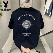 花花公子（PLAYBOY）男士短袖t恤夏季2025半袖純棉體恤新款休閑寬松百搭上衣T 黑色 XL