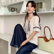 SUSTYLE國際一線品牌2025夏季新款復古名族風圓領撞色刺繡流蘇吊墜女裝杏色均碼