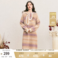 兩三事糖果夢(mèng)鄉(xiāng) 2024冬季新款趣味貼布繡可拆帽子漸變色毛衣裙連衣裙 卡其 S