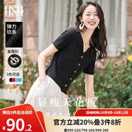 歐莎（OSA）V領(lǐng)正肩顯瘦薄款針織衫女短袖高端洋氣t恤小個子短款上衣減齡女裝 黑色 XL