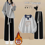 MZPLOI秋冬裝搭配一整套少女衣服時(shí)尚休閑褲長(cháng)袖衛衣初高中學(xué)生兩件套裝 兩件套加絨純棉灰色pol衫+黑色長(cháng) M 【建議90-105斤】