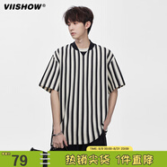 viishow復古雙拼V領條紋短袖T恤男寬松潮流休閑五分字母印花體恤 米白 L